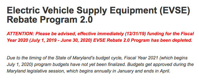 Maryland EVSE Rebate Funds Depleted For Fiscal Year 2020 PlugInSites