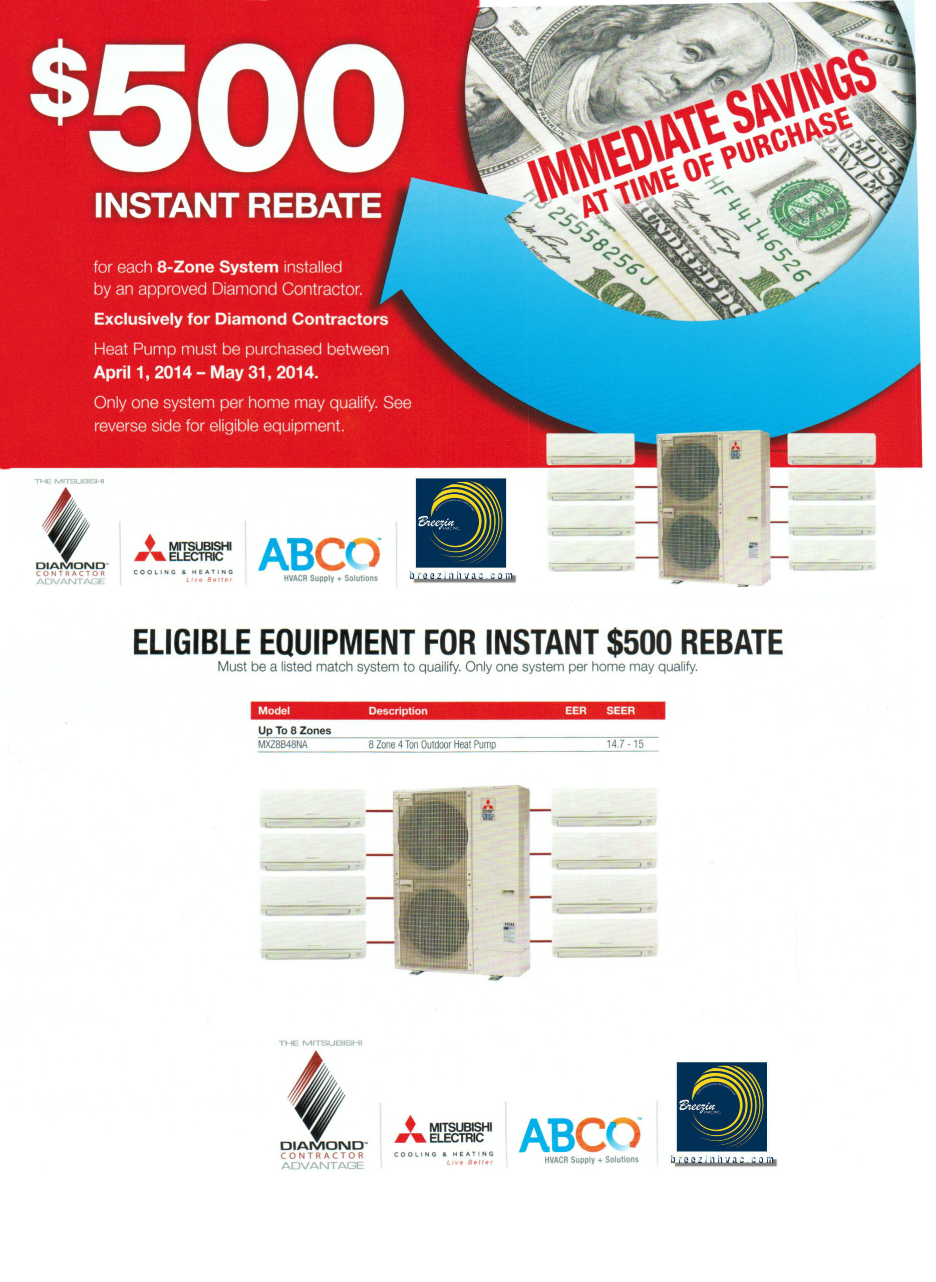 Mitsubishi Electric 500 Instant Rebate 8 Zone Breezin HVAC Inc 