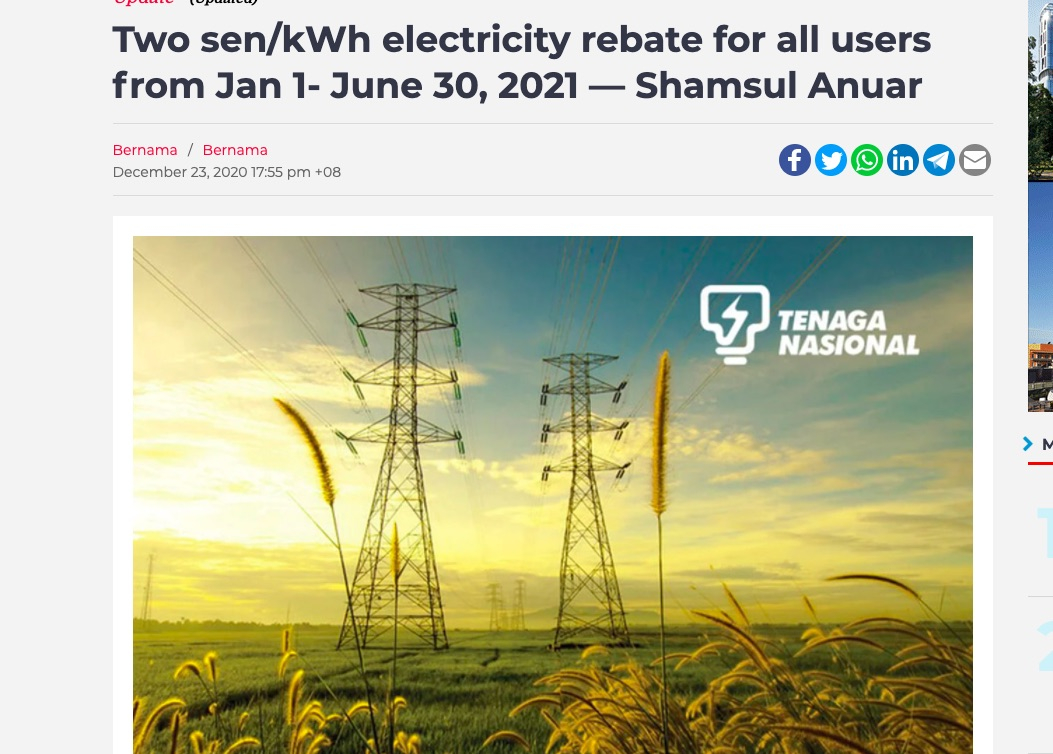 The Edge Markets Two Sen kWh Electricity Rebate For All Users From Jan 