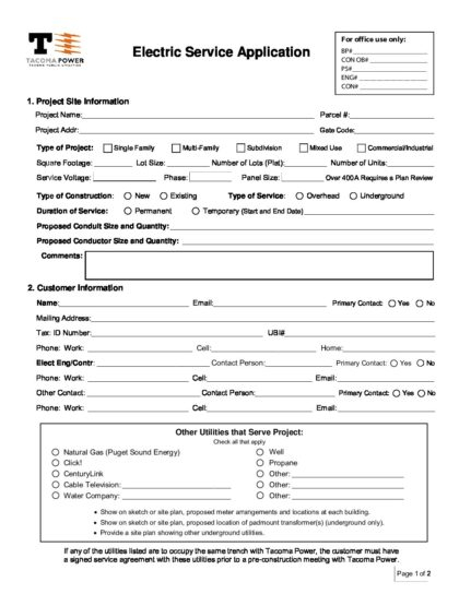 Electric service application Tacoma Public Utilities