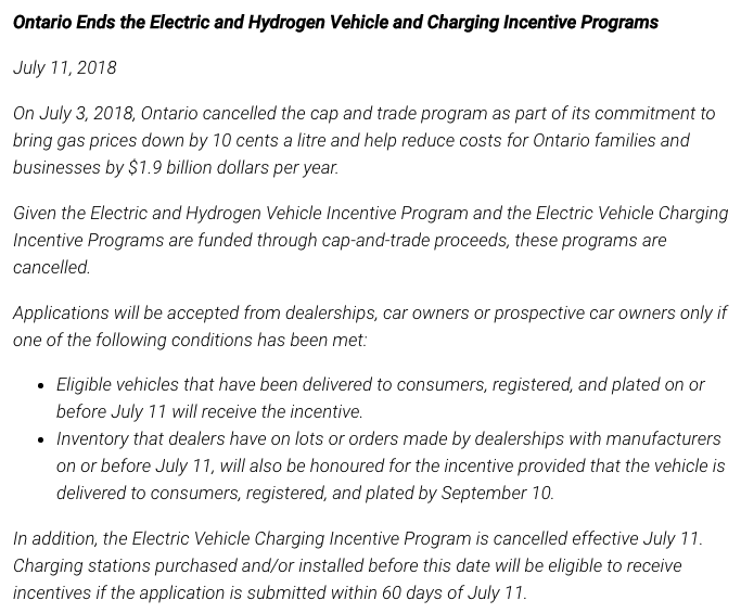 Ontario Electric Car Rebate Change