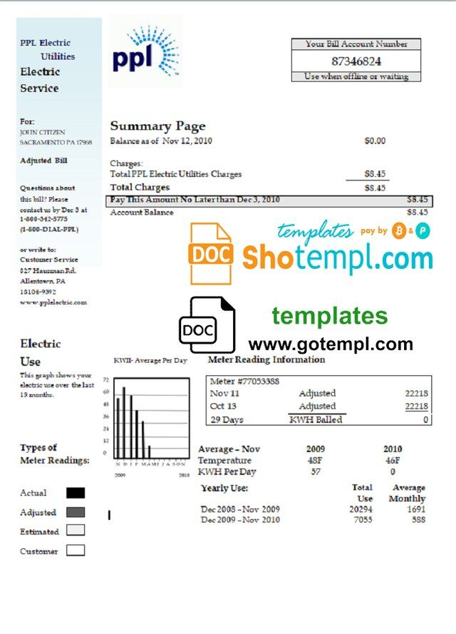 USA Pennsylvania PPL Electric Utility Bill Template In Word Format 