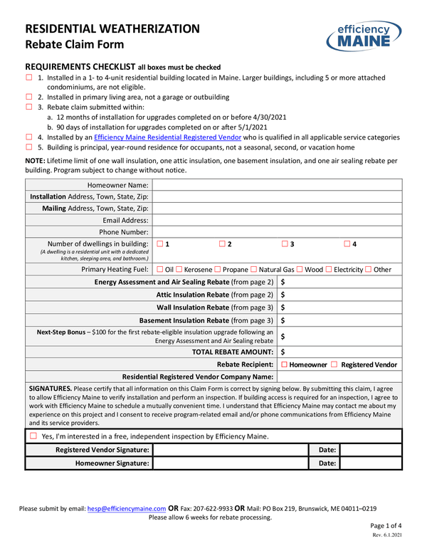 Efficiency Maine Ductless Heat Pump Rebate Claim Form PumpRebate