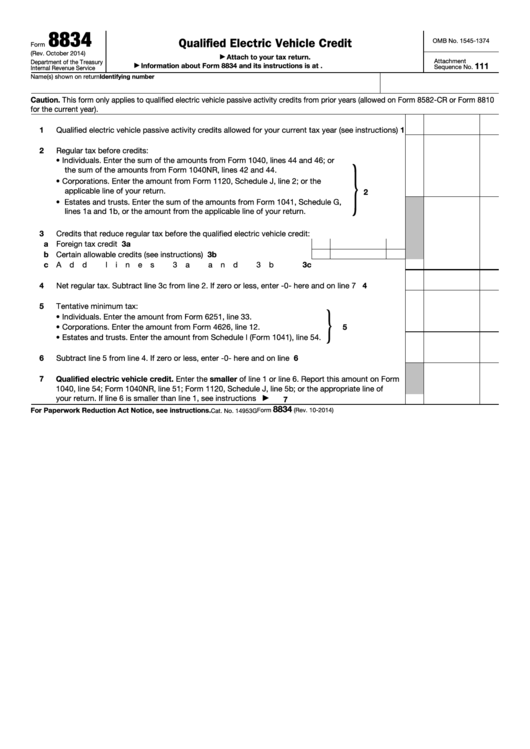 Fillable Form 8834 Qualified Electric Vehicle Credit Printable Pdf 