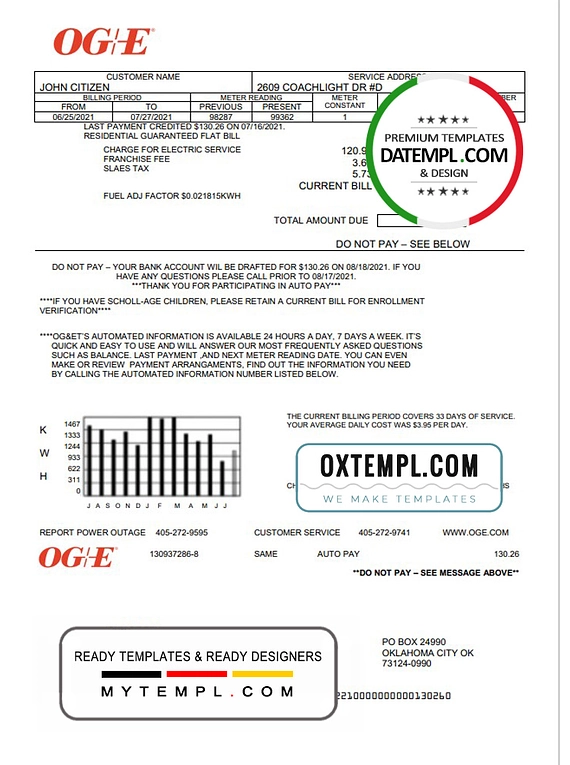 USA Oklahoma OGE Energy Utility Bill Template In Word And Bill 